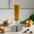 Angled view of the Stainless Steel Potato Masher with ergonomic wooden handle.