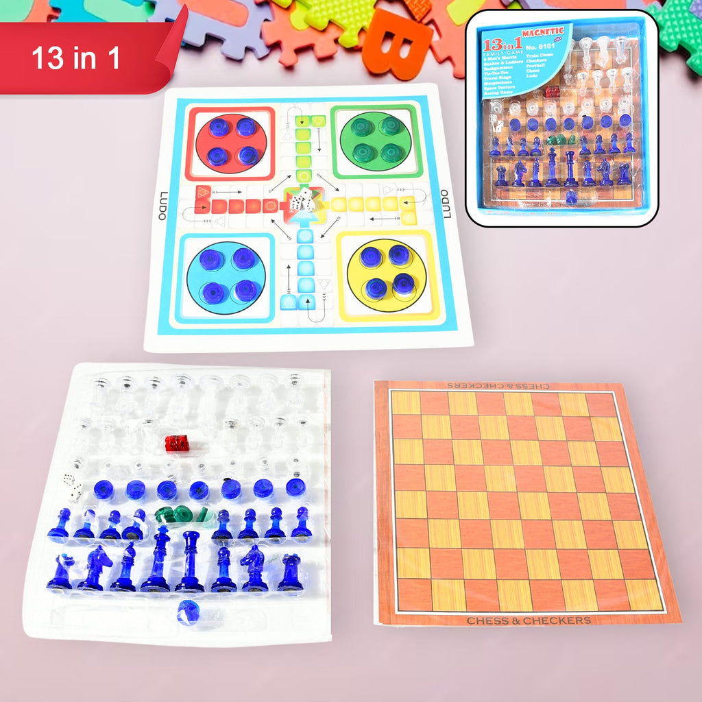 Top-down view of the compact 13-in-1 family board game set, ready for play.