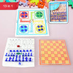 Top-down view of the compact 13-in-1 family board game set, ready for play.