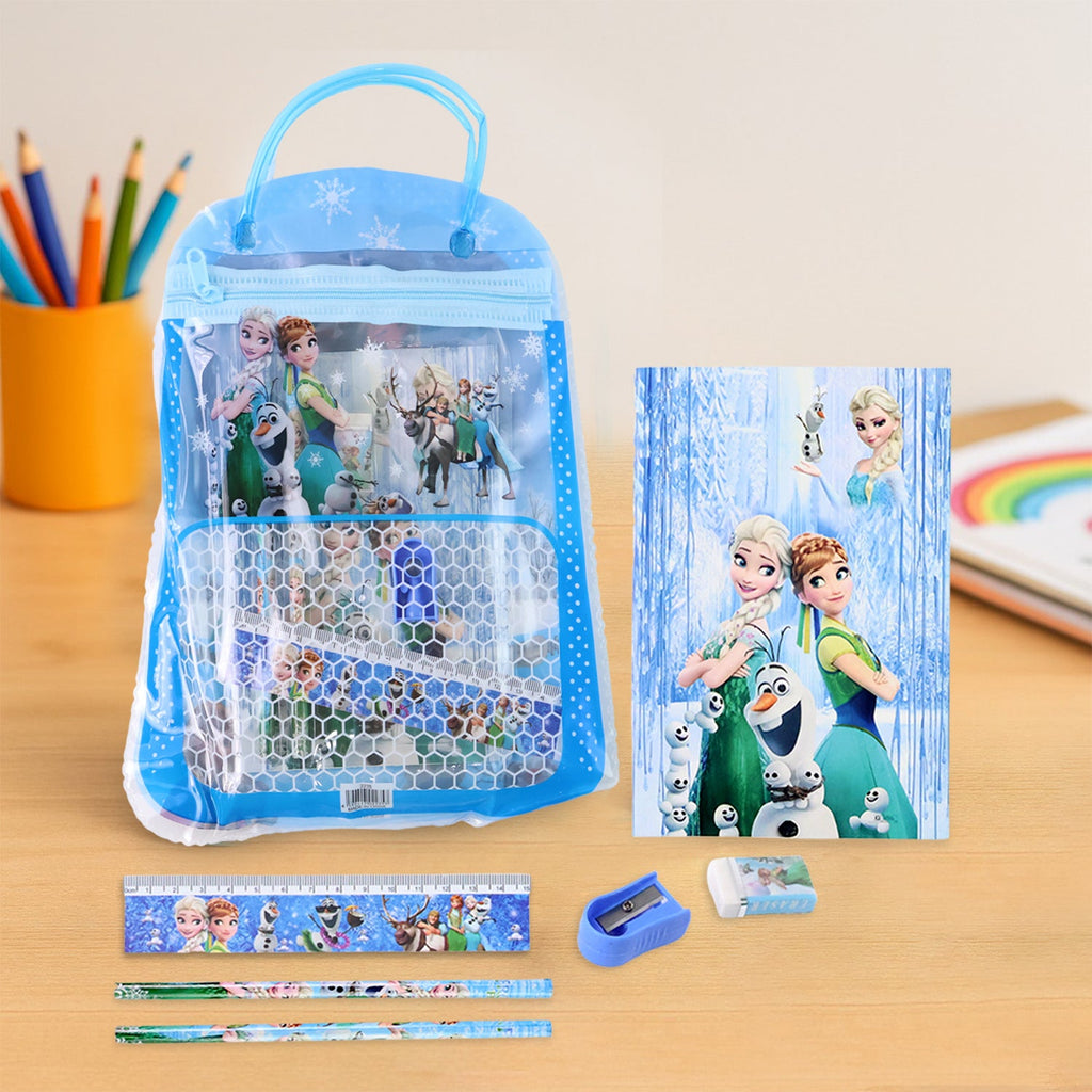 Complete 6-piece Kids Stationery Kit with cartoon designs, ready for school activities.