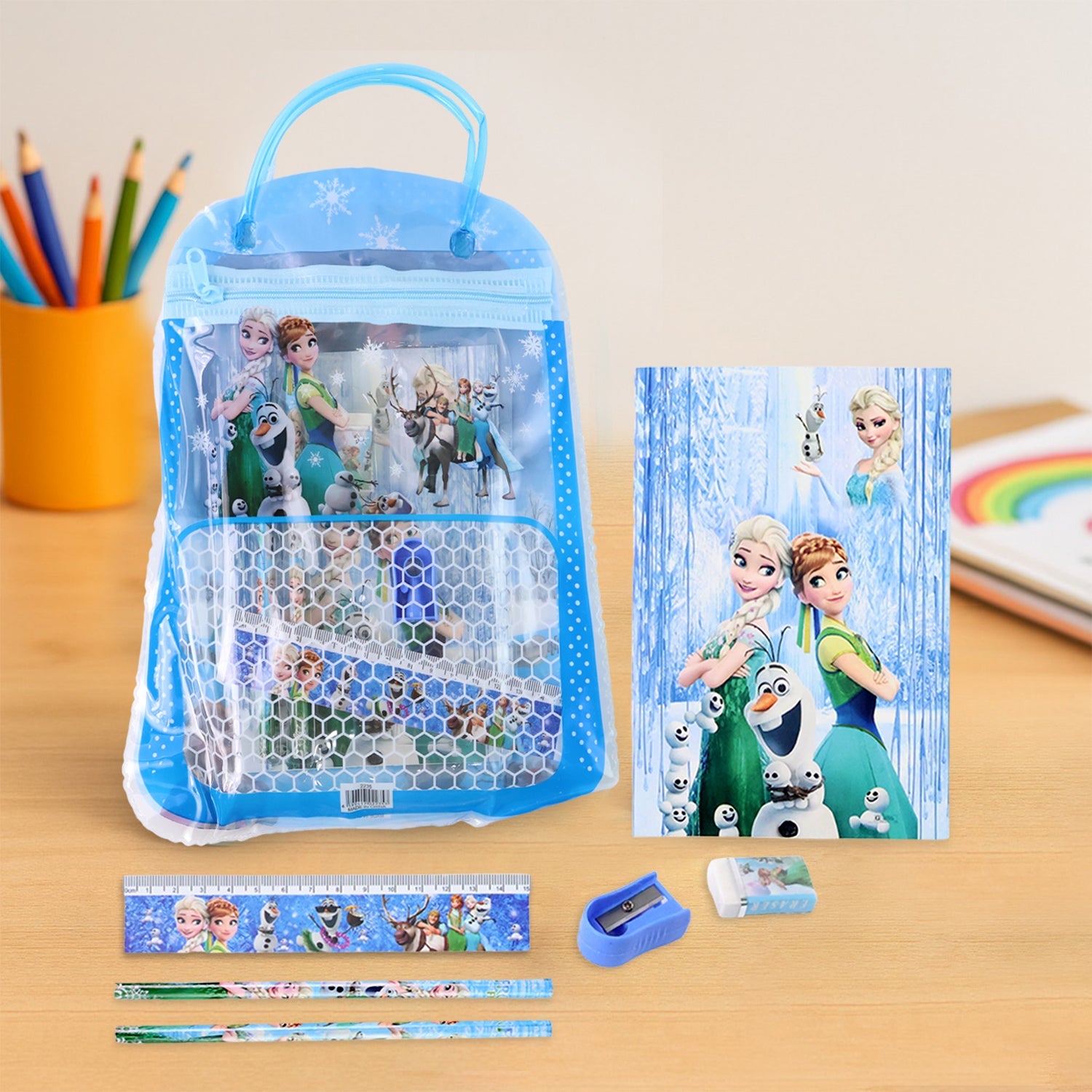 Complete 6-piece Kids Stationery Kit with cartoon designs, ready for school activities.