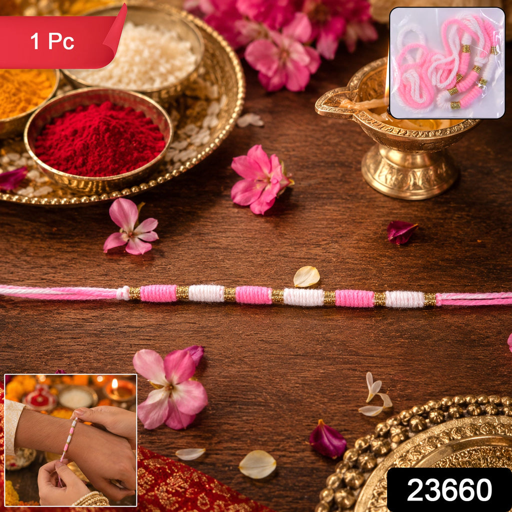 Top-down view of Pink & White Thread Rakhi