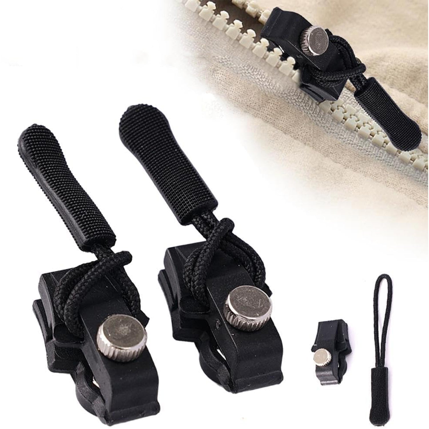 Overhead shot of the detachable zipper slider, showcasing its compact and portable design.