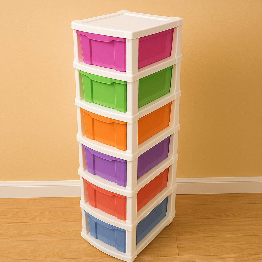 Side angle view of plastic storage drawer cabinet highlighting bright colors