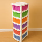 Side angle view of plastic storage drawer cabinet highlighting bright colors