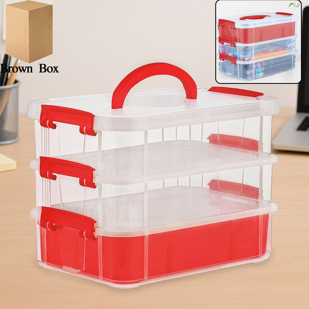 Transparent 3-layer plastic storage box with ergonomic handle and red locking clips