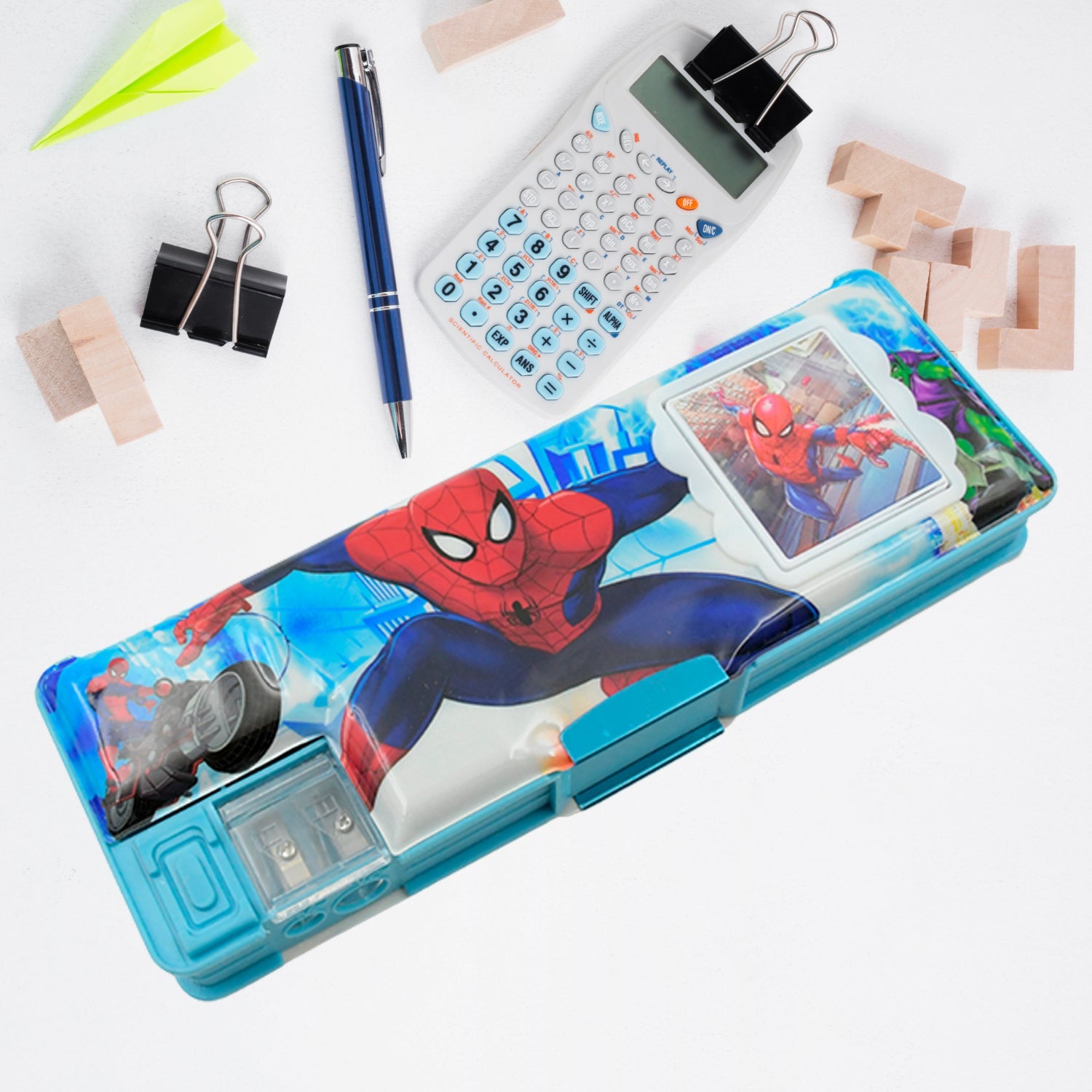 Closed cartoon geometry box with a fun, vibrant print for young students.