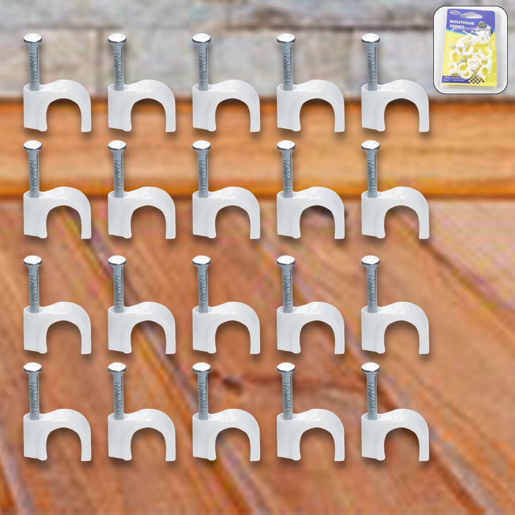 Close-up of steel nail gripping a plastic cable clip for dependable wire holding