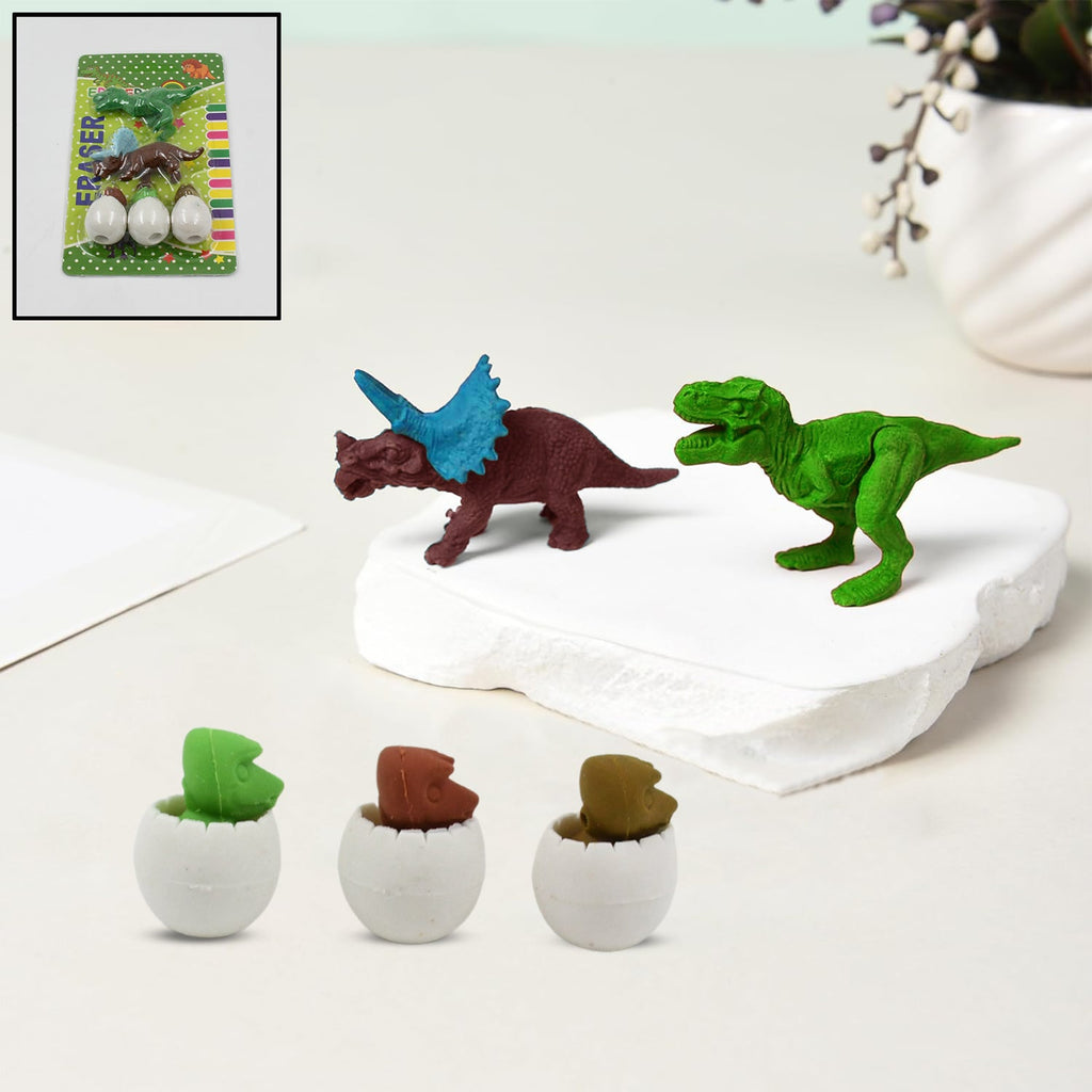 An assembled green dinosaur puzzle eraser, ready for play.