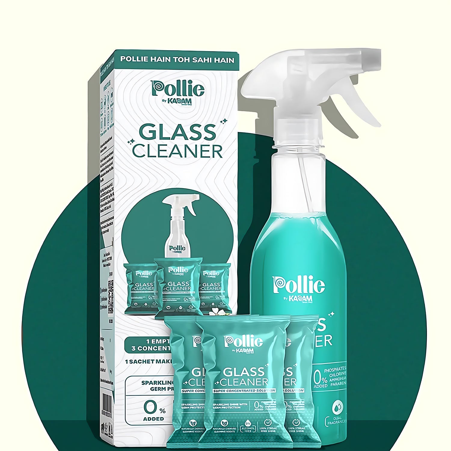 Concentrated glass cleaner refill sachets and reusable spray bottle on a white background.