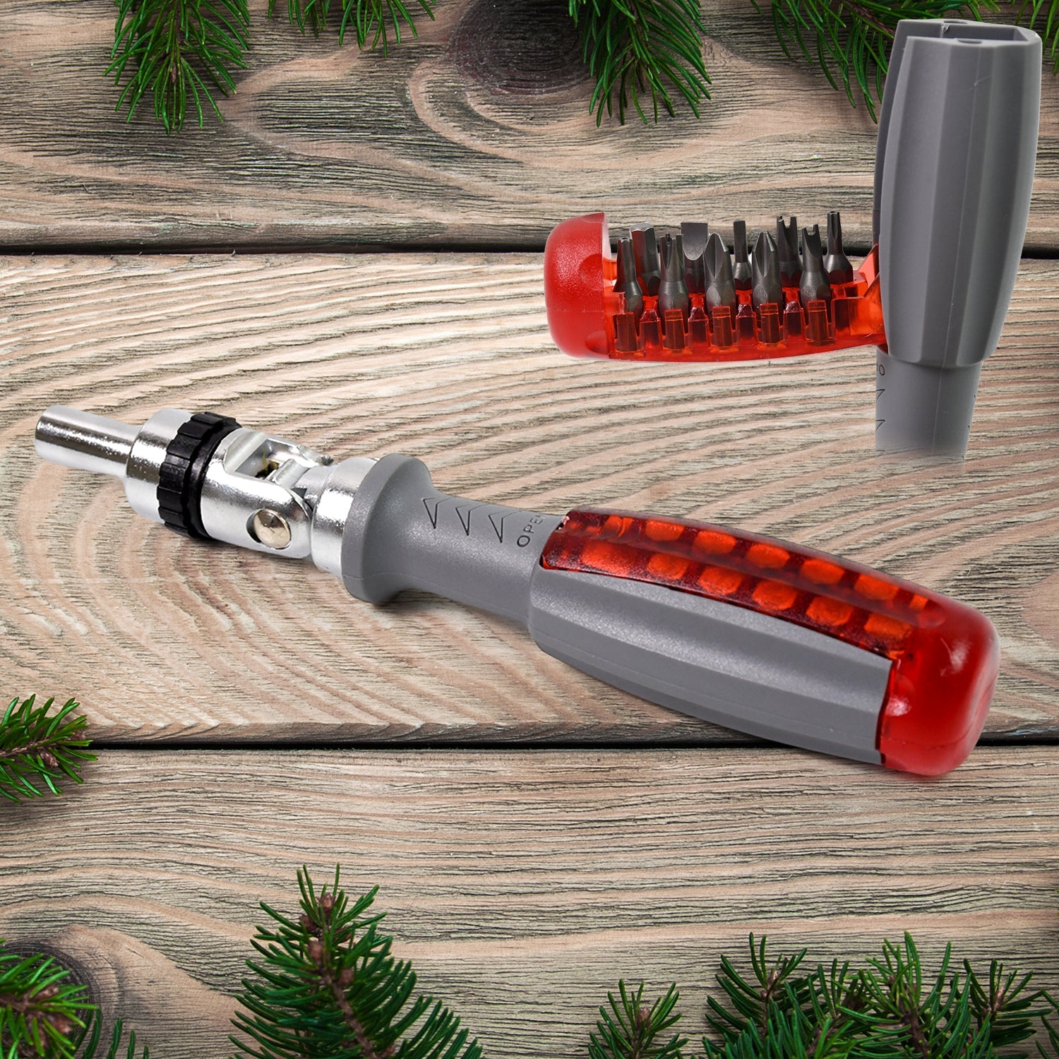 BoltForce Ratchet Screwdriver Set with adjustable angle and 20 bits, ready for use.