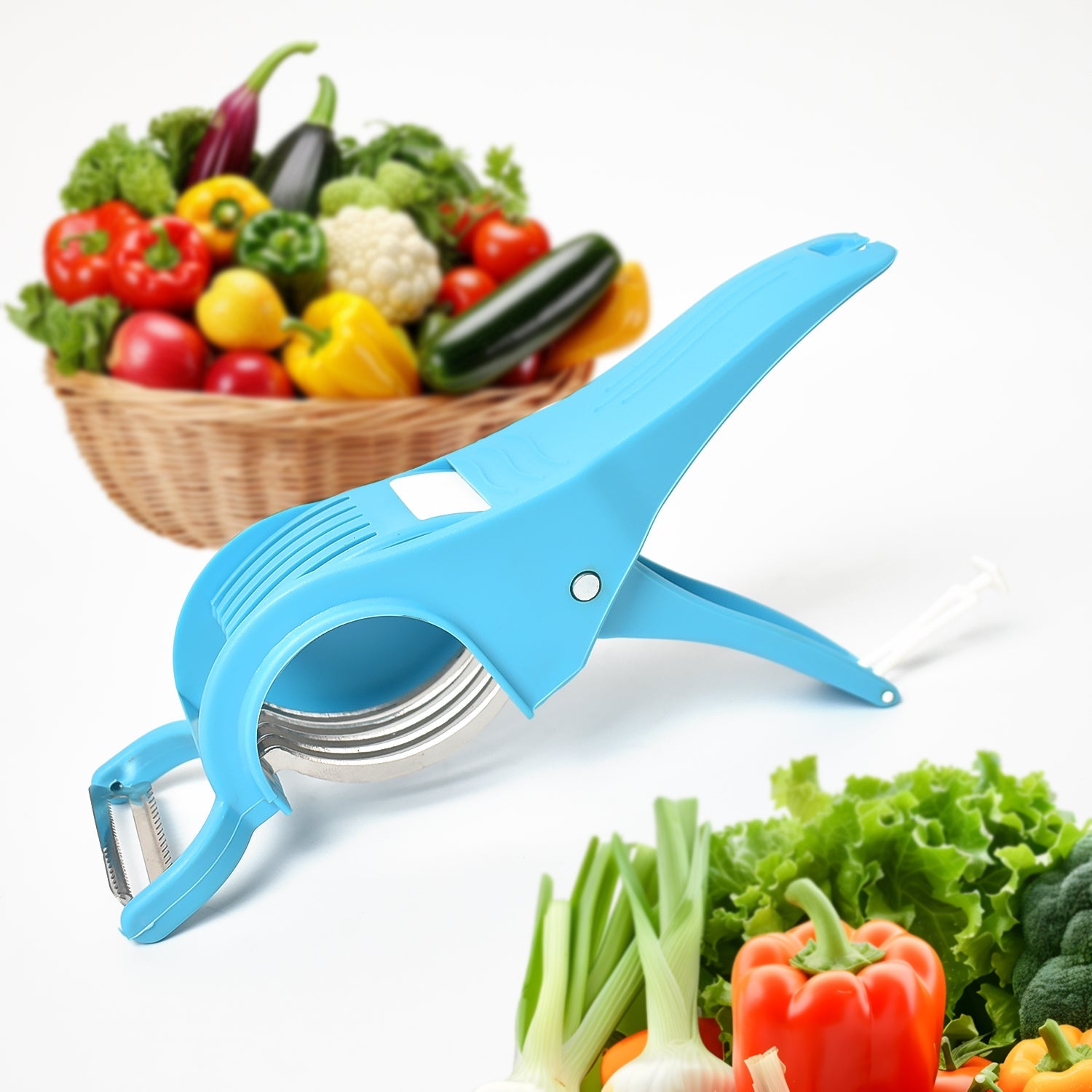 ChefAura 2-in-1 vegetable cutter and fruit peeler with 5 blades on a white background.