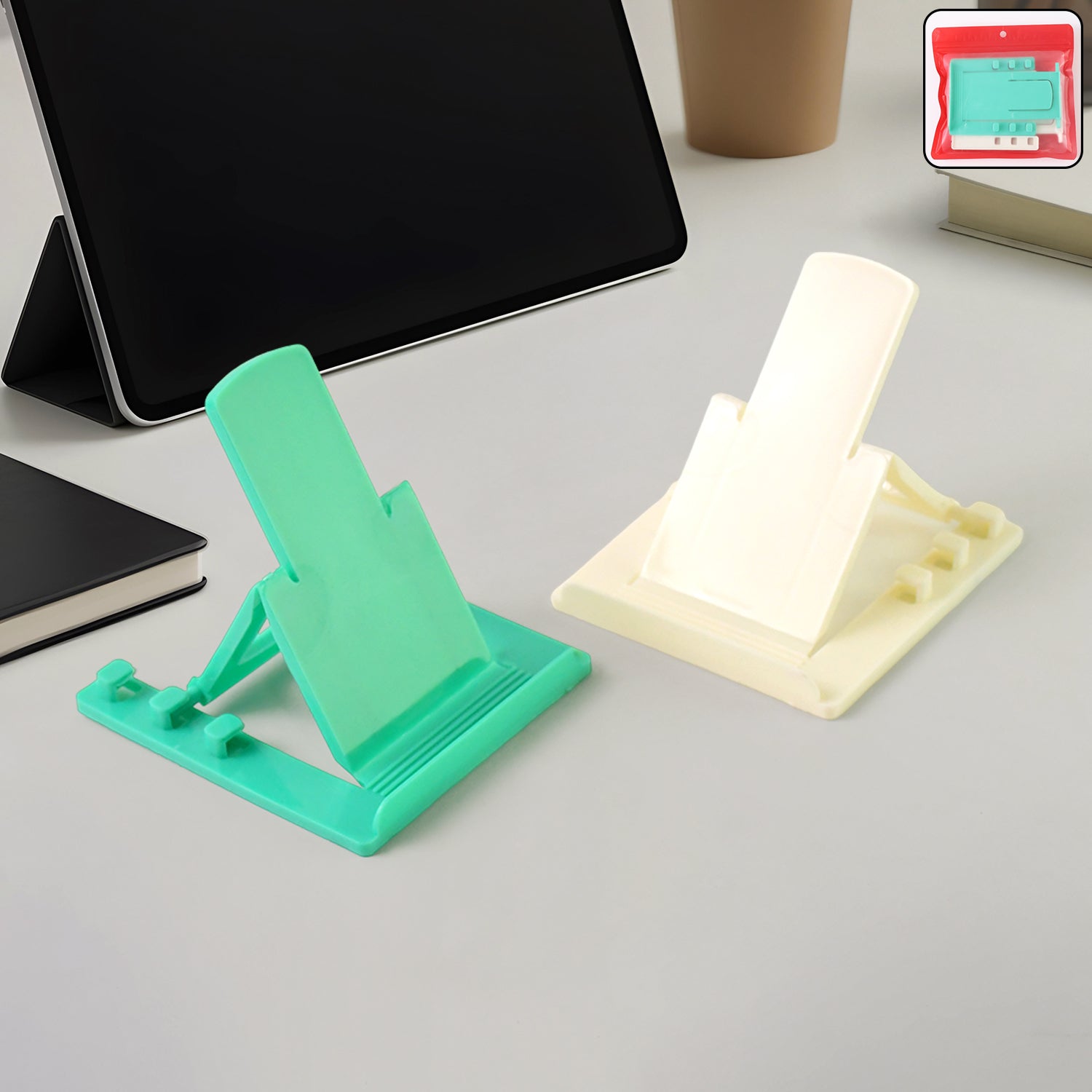 Adjustable foldable plastic mobile phone stand holding smartphone
