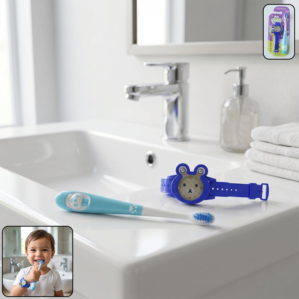 Kids toothbrush with cartoon watch toy in colorful design