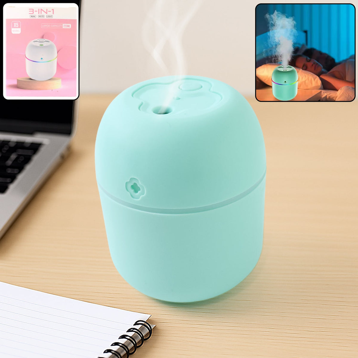 White Mini USB Humidifier diffusing cool mist with ambient lighting.