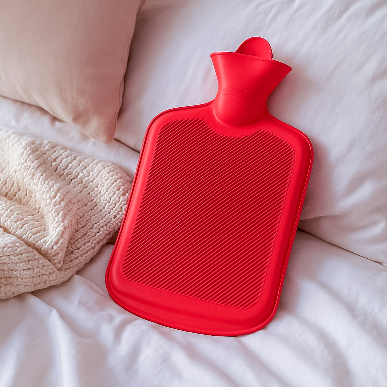 Large red rubber hot water bag providing soothing relief.