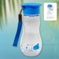 Transparent travel water bottle with a grey strap, shown upright on a white background.