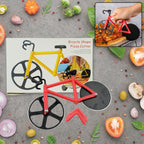 The unique bicycle-shaped design of the Quickslice Pizza Cutter, ready for use.