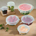 A set of six flexible silicone food covers in various sizes, perfect for eco-friendly food storage.
