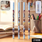 Colorful cartoon printed pencils placed on a wooden desk for school use