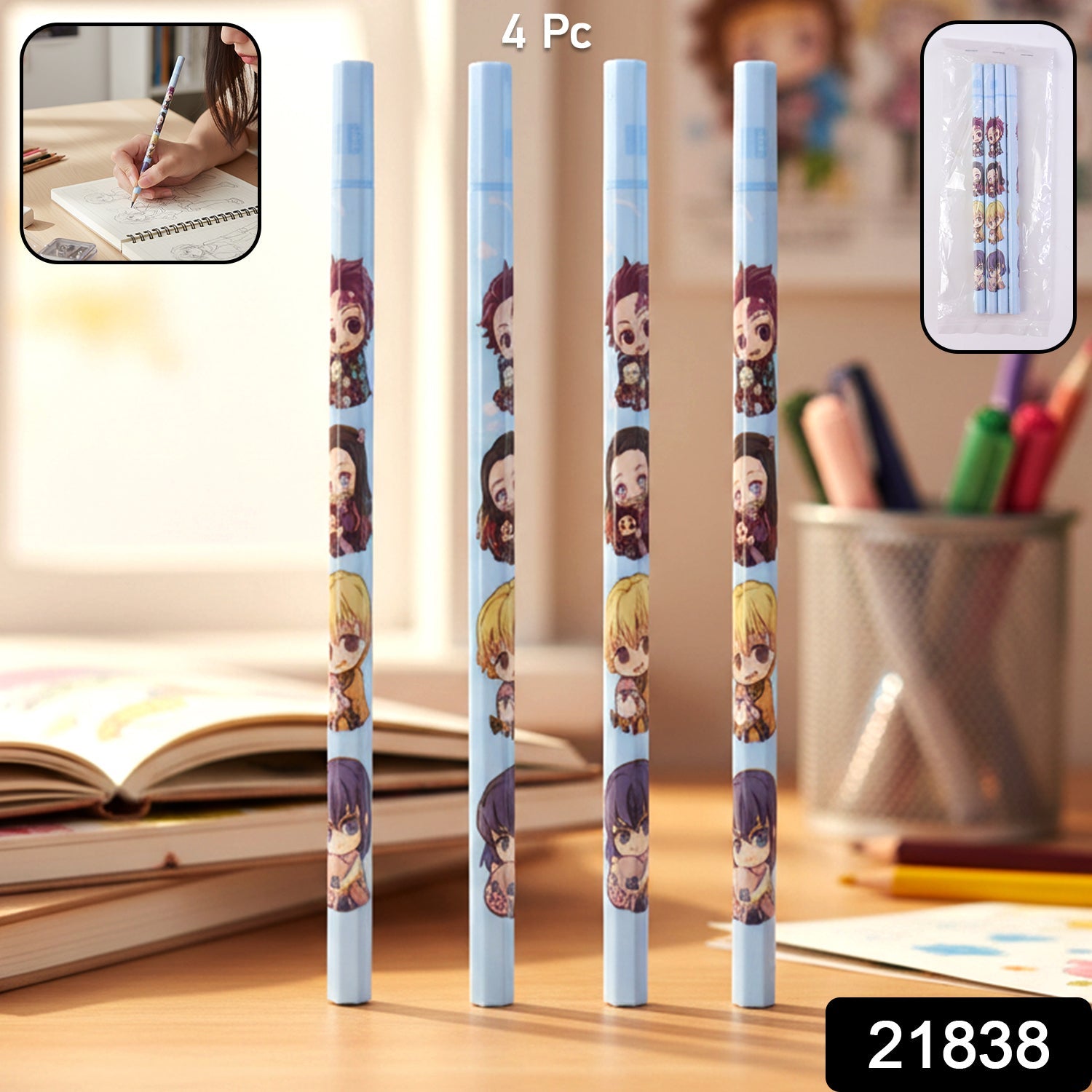 Colorful cartoon printed pencils placed on a wooden desk for school use