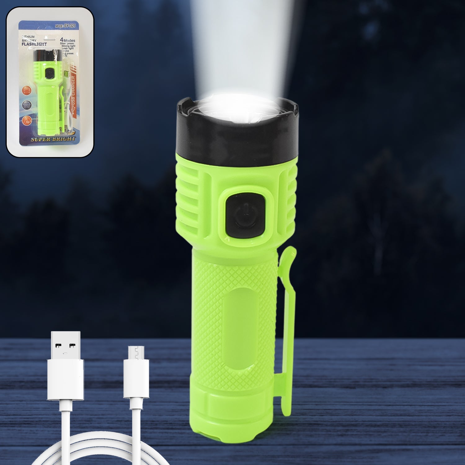 Front view of LED flashlight torch with USB rechargeable feature