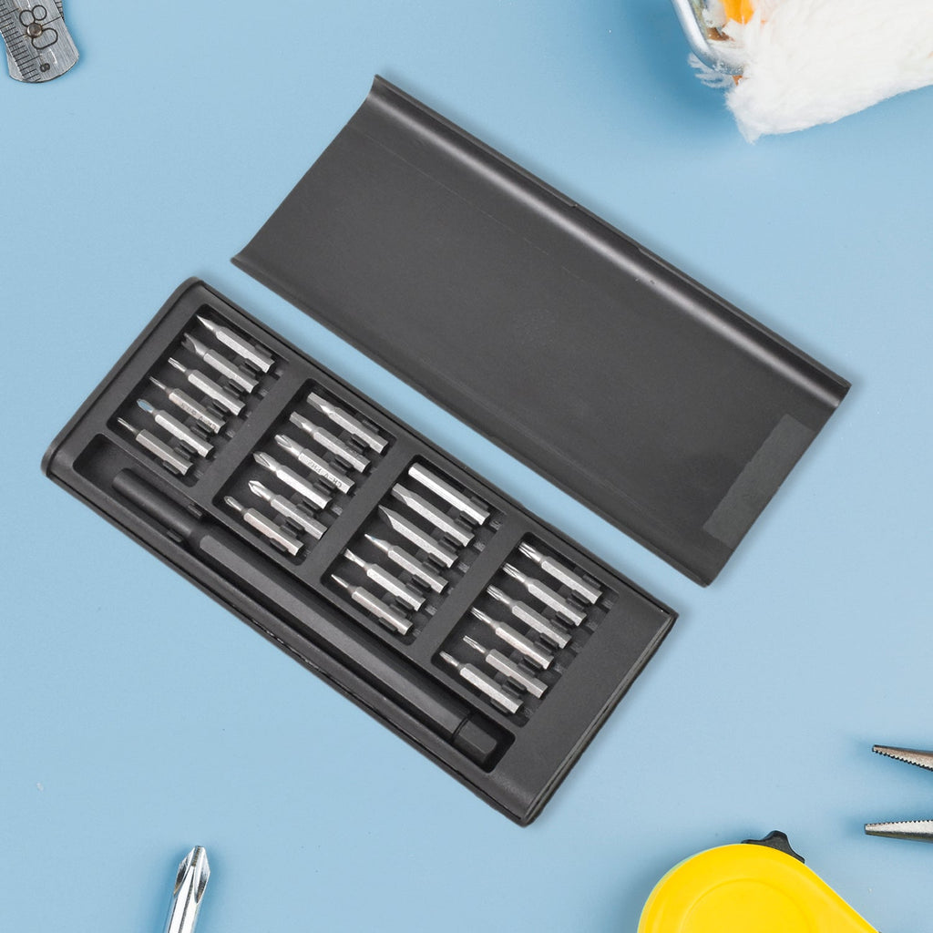 The complete BoltForce 24-piece precision screwdriver kit displayed with its ergonomic handle and bits.