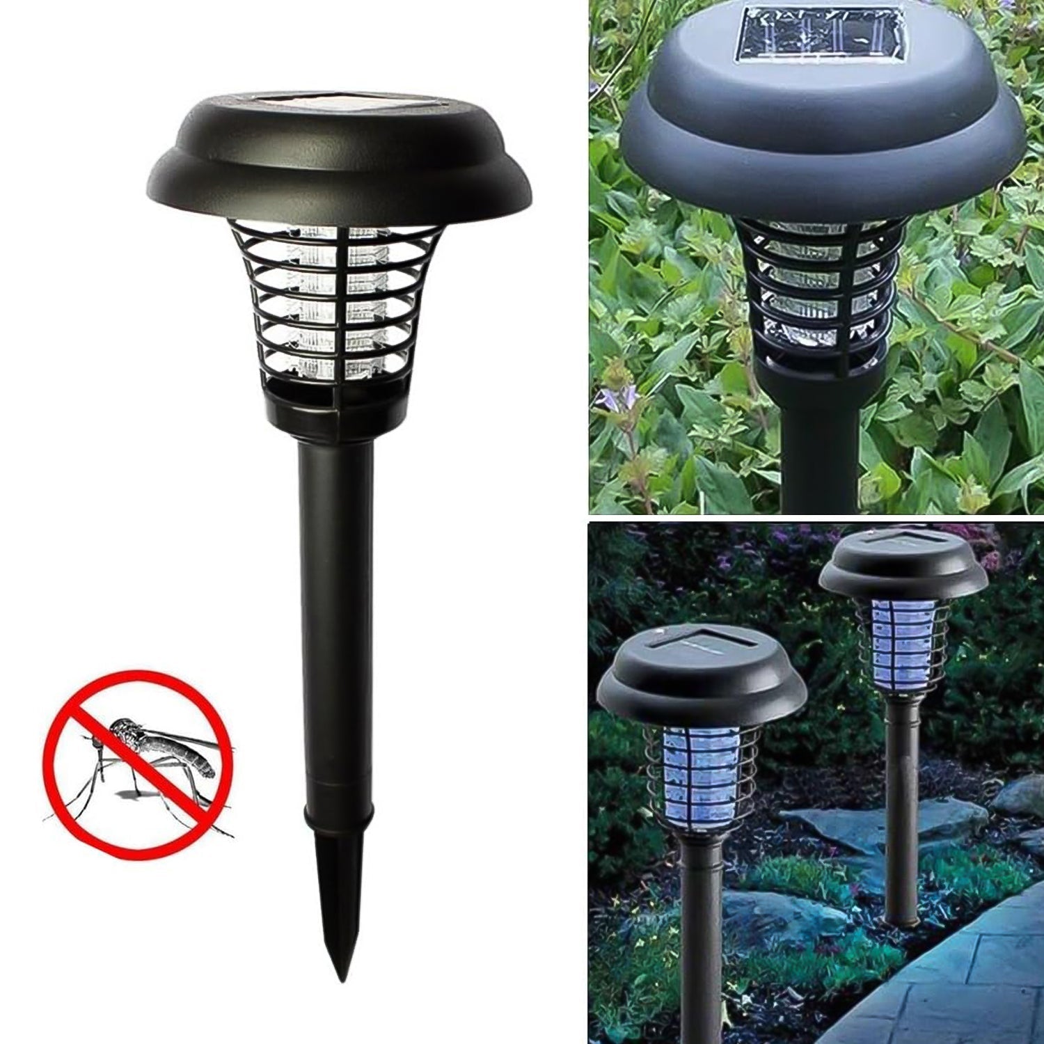 Garden Vera solar mosquito trap and garden light illuminating an outdoor space.