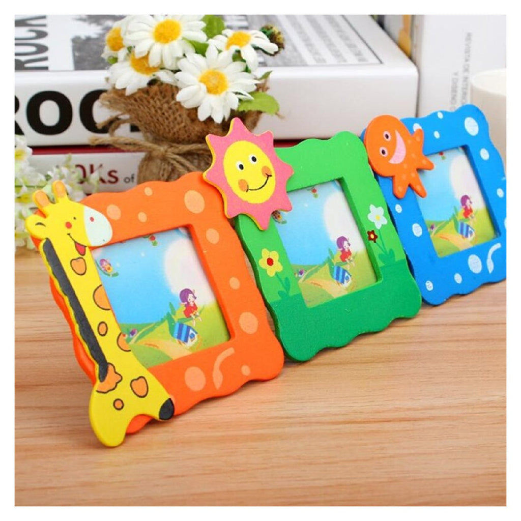 Front view of the vibrant baby photo frame with animal motifs for kids' room decor.