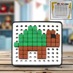 Kids assembling colorful pixel cubes toy on a board.