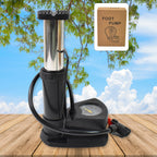 Foot bike pump with its integrated hose and nozzle for various valve types.
