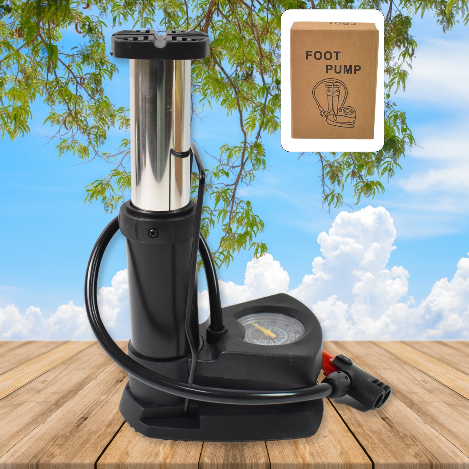 Foot bike pump with its integrated hose and nozzle for various valve types.