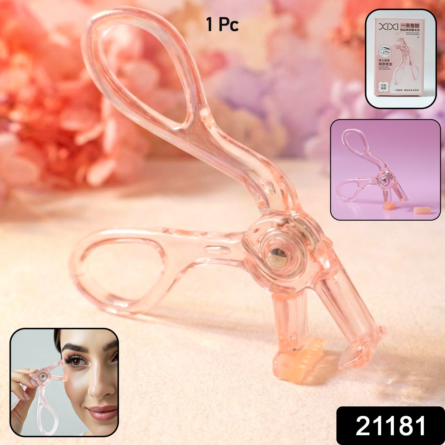 Lightweight transparent plastic eyelash curler with soft grip