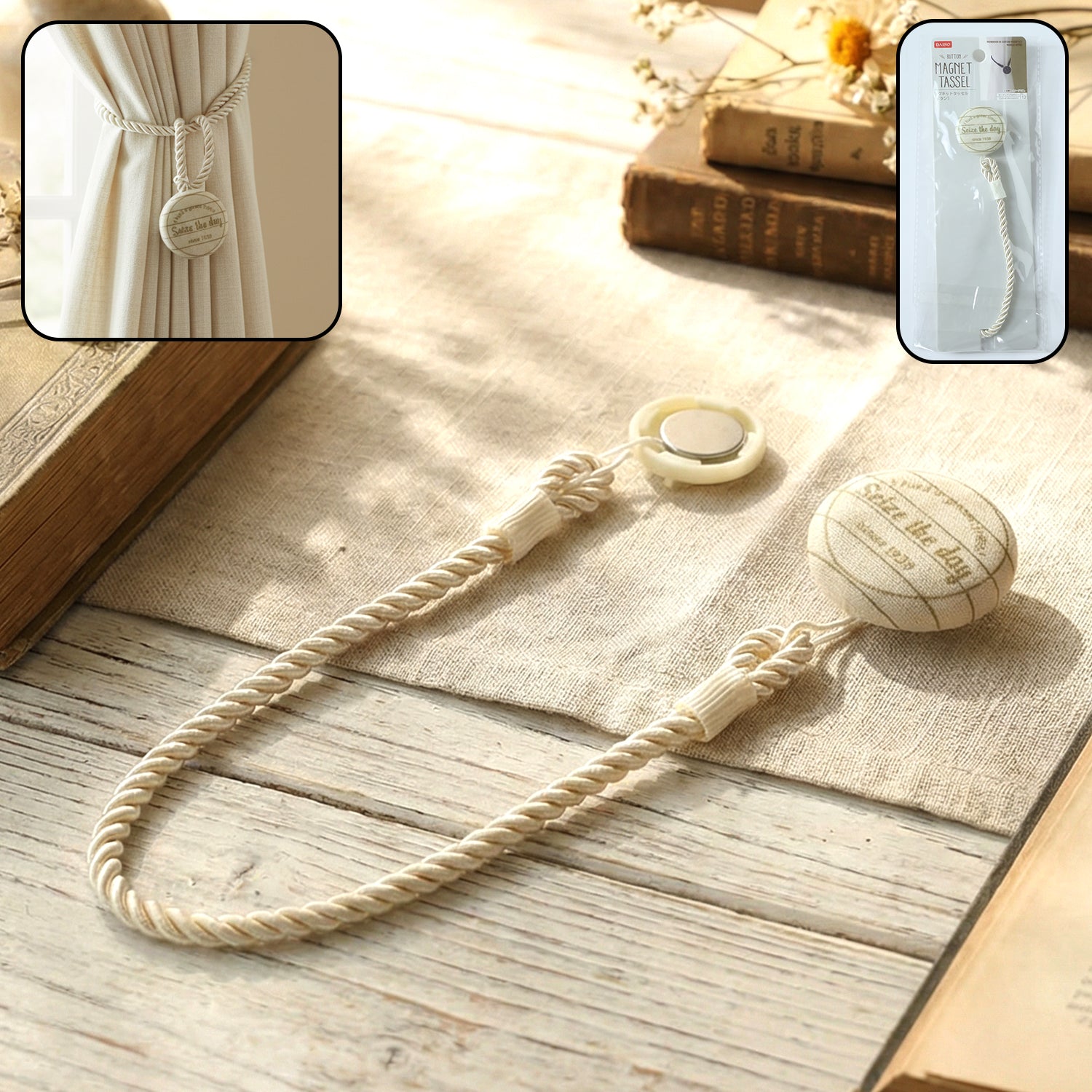 Magnetic curtain tieback with elegant twisted rope design and button ends