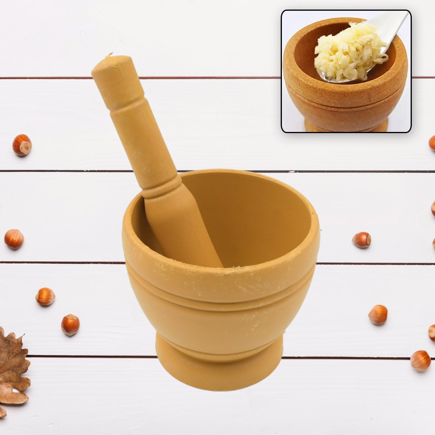 Smooth, non-porous surface of the mortar and pestle ensures easy cleaning.