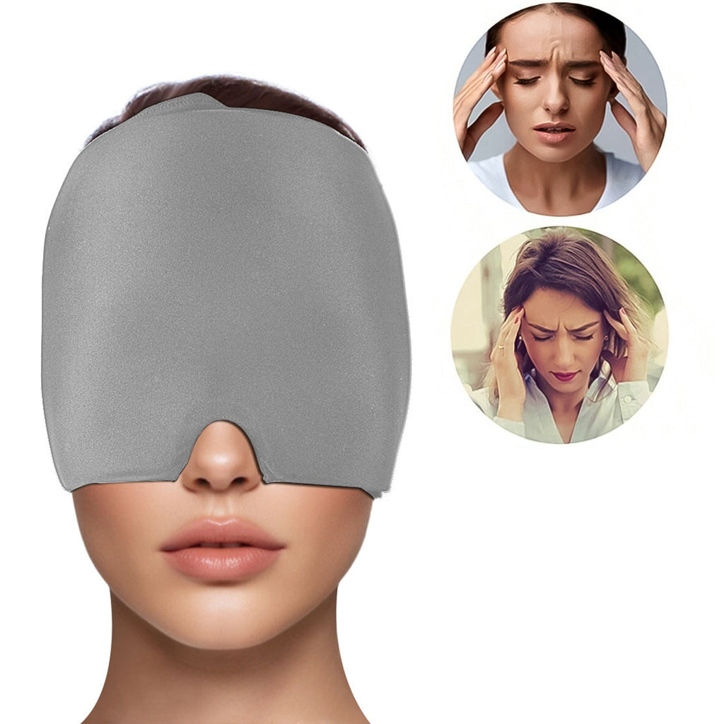 Grey Migraine Relief Cap worn by a person, providing cooling comfort for headache relief.
