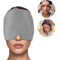 Grey Migraine Relief Cap worn by a person, providing cooling comfort for headache relief.