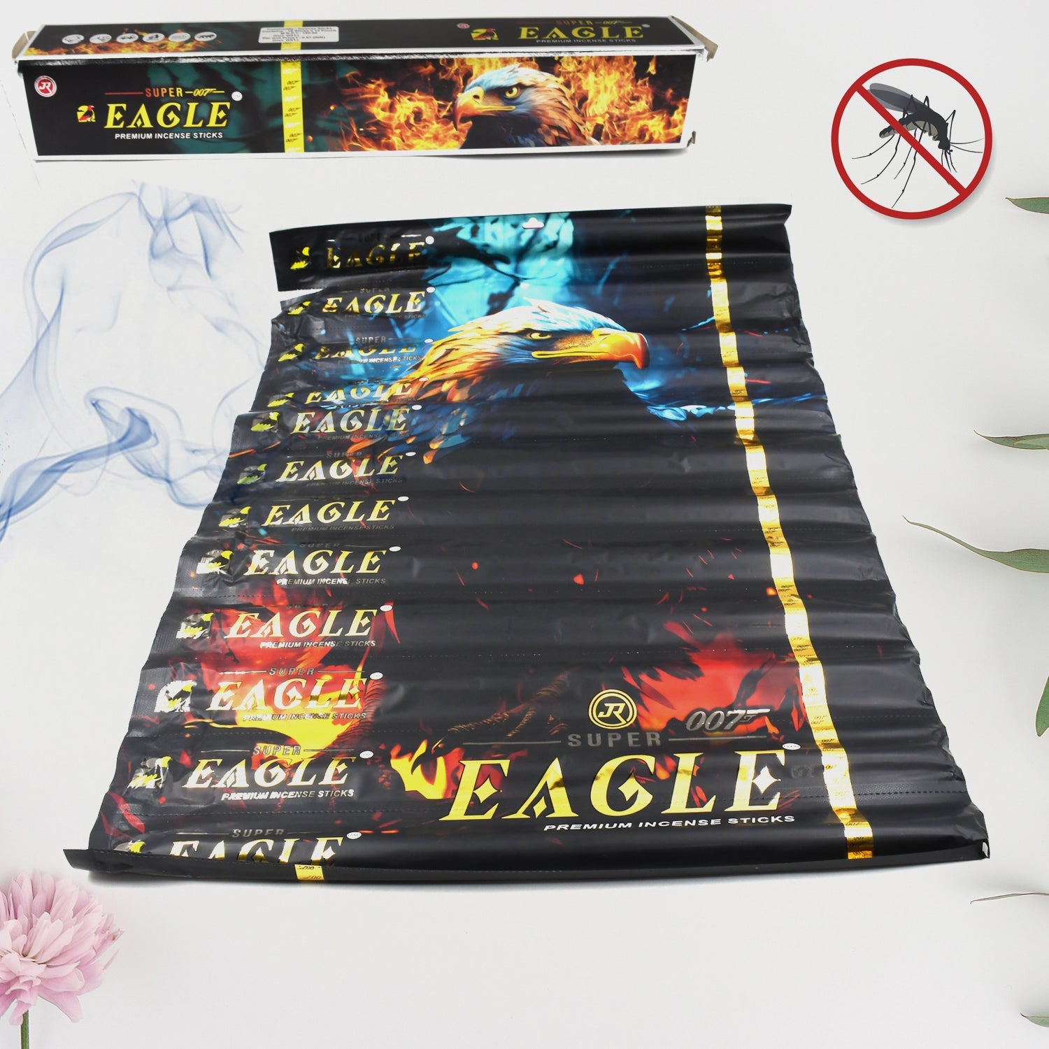 Close-up of FlyTamer Mosquito Incense Sticks packaging highlighting herbal ingredients.