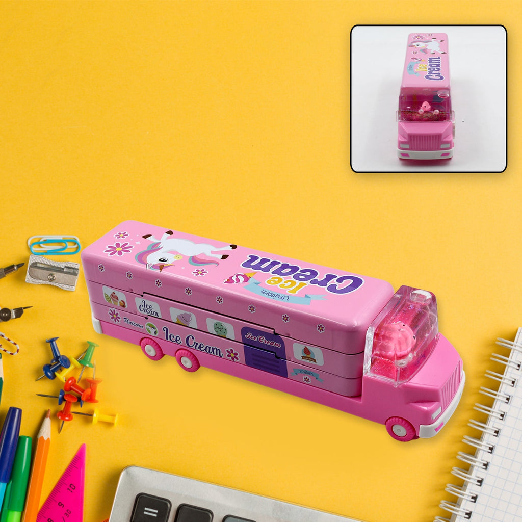 Vibrant red double decker Kids Truck Pencil Case with movable wheels and multiple compartments.