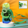Brightly coloured kids water bottle with fun stickers and adjustable shoulder strap.