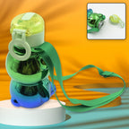 Brightly coloured kids water bottle with fun stickers and adjustable shoulder strap.