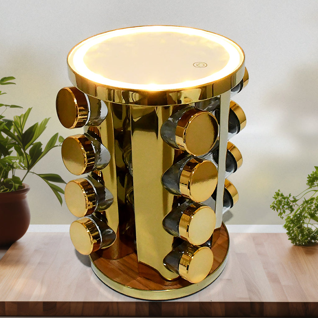 Side view of the golden LED rotating spice rack filled with seasoning jars.