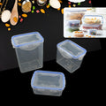 A 3-piece airtight kitchen storage container set with clear plastic and blue lids.