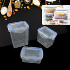 A 3-piece airtight kitchen storage container set with clear plastic and blue lids.
