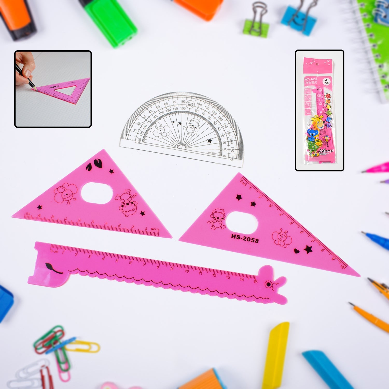 4 Pc giraffe ruler set showing plastic rulers with CM and Inch scales