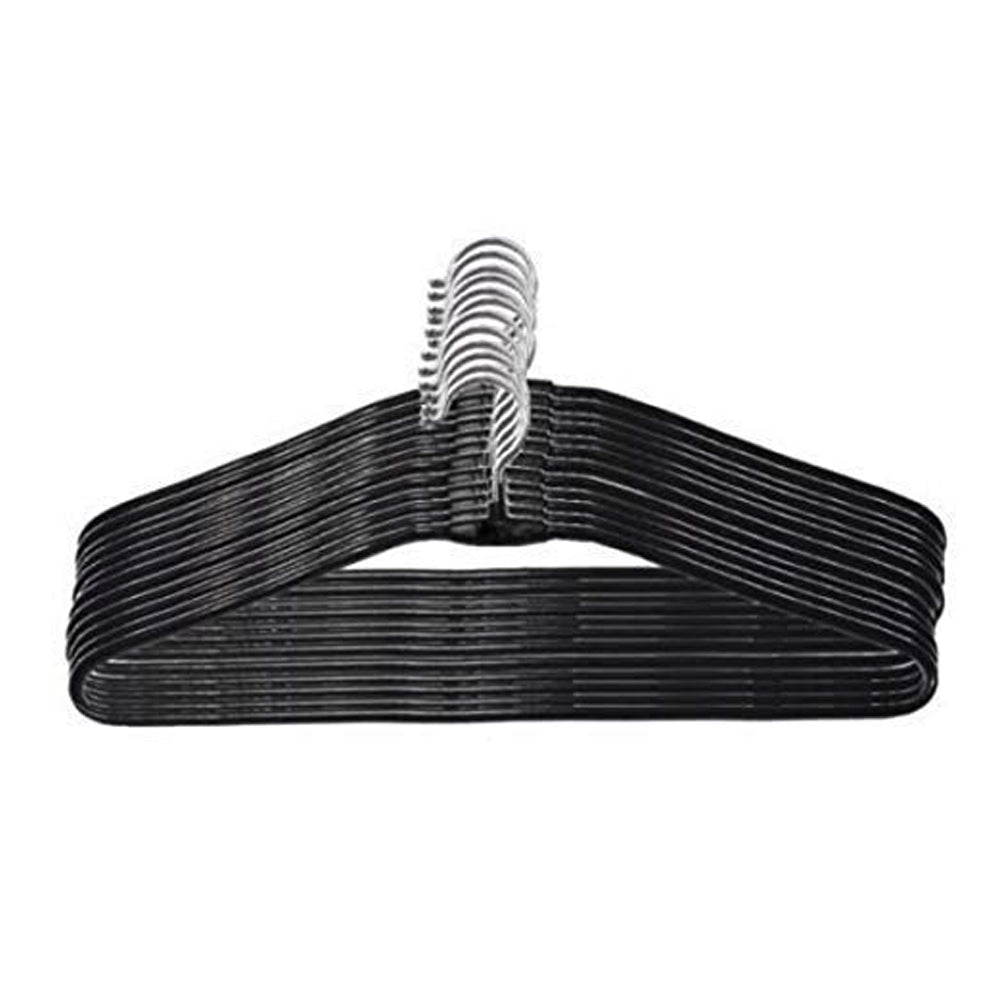A pack of ten sleek stainless steel hangers displayed neatly against a white background.