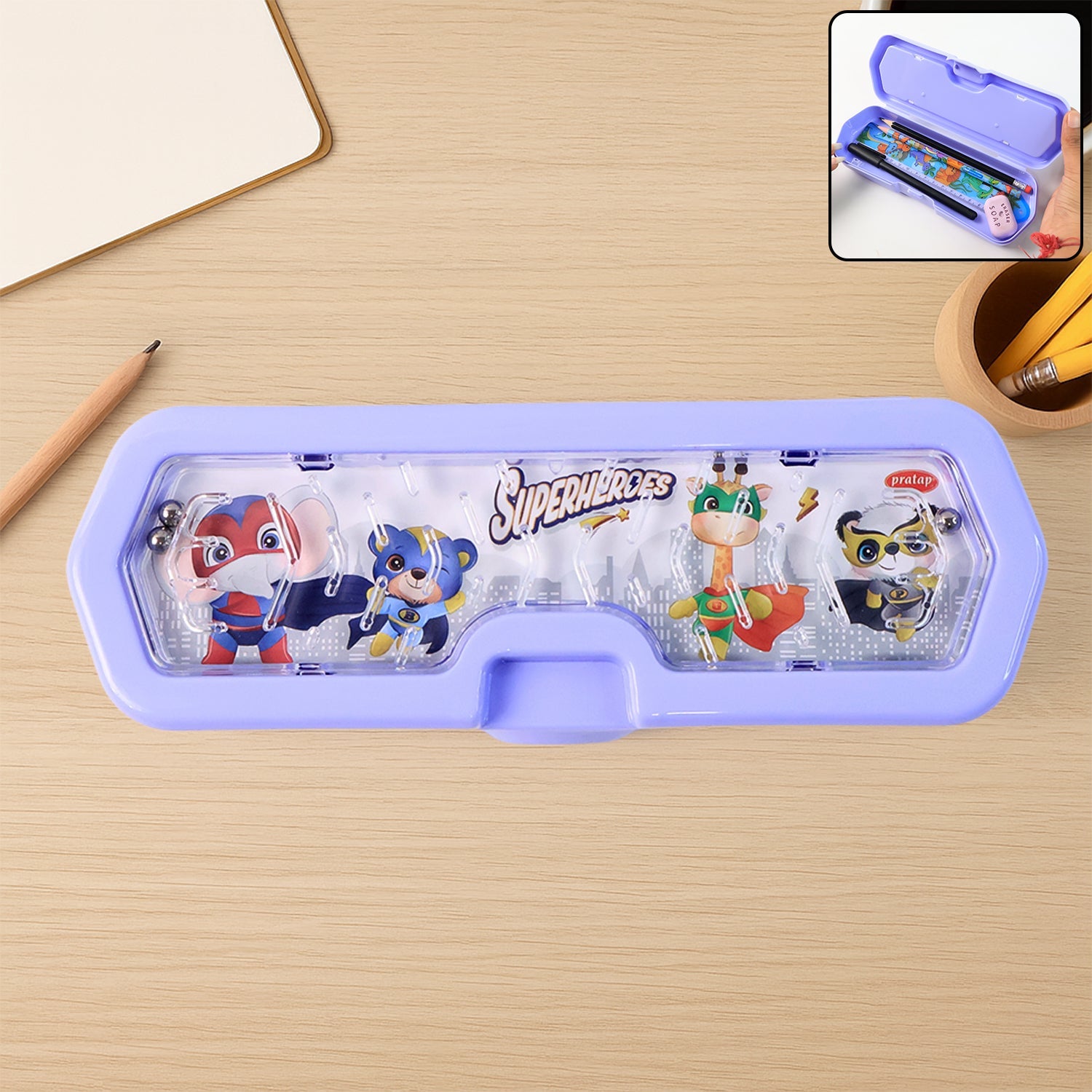 Kids Pencil Box with Maze Game featuring vibrant cartoon character print and metal ball maze on lid.