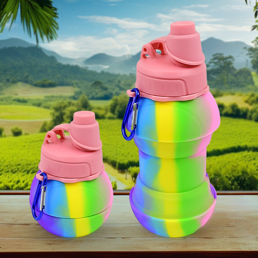 Collapsible water bottle ready for use, showcasing its flexible silicone design.