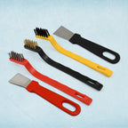 Five-piece wire brush and scraper set for rust and paint cleaning.