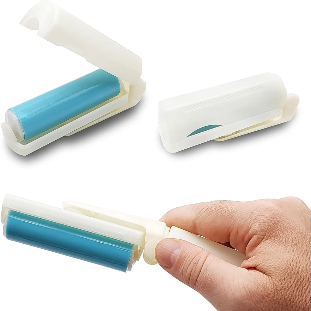 A person holds the portable reusable lint roller, highlighting its compact design.